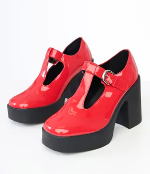 1990s Red Patent Leatherette T-Strap Platforms