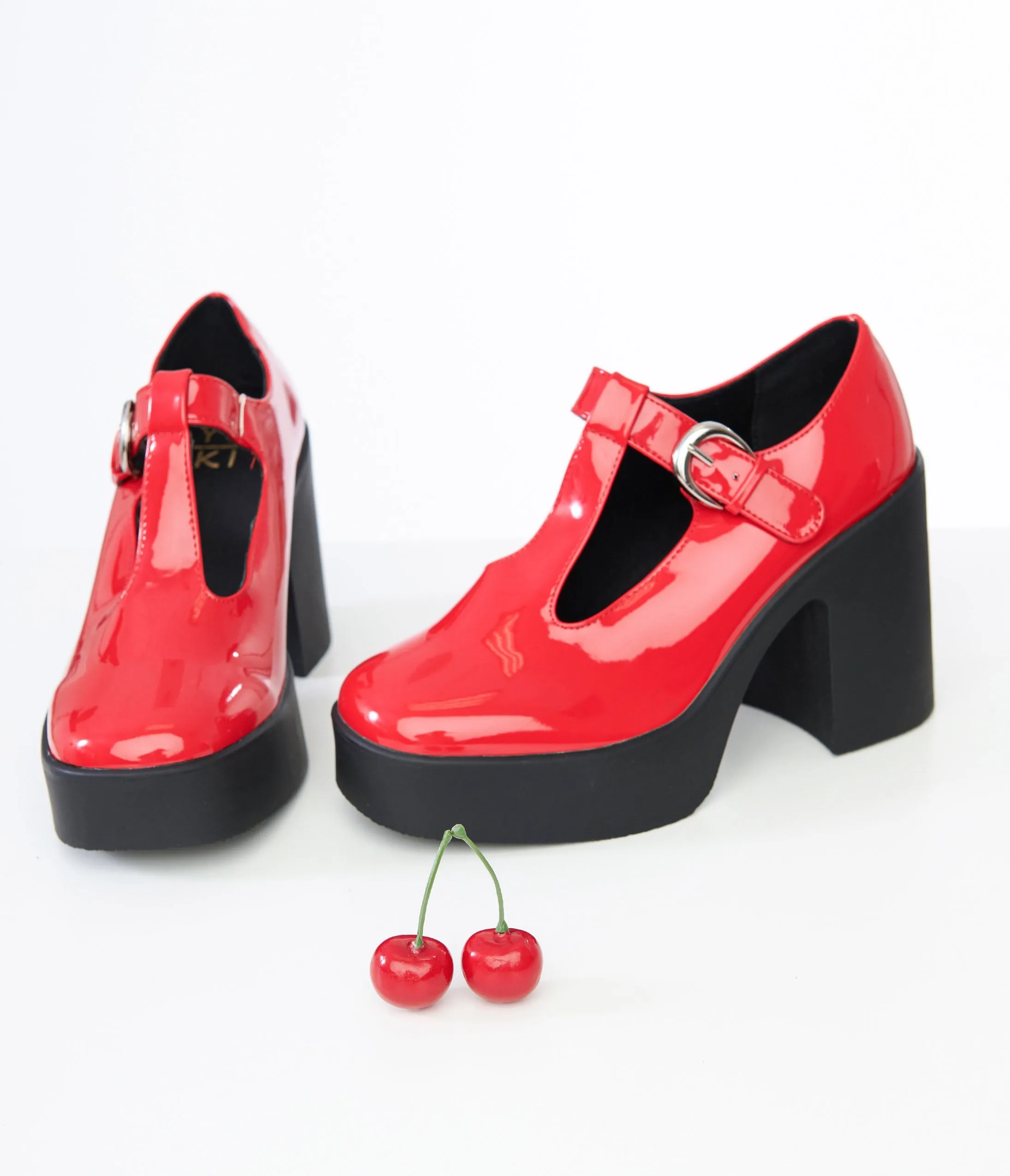 1990s Red Patent Leatherette T-Strap Platforms