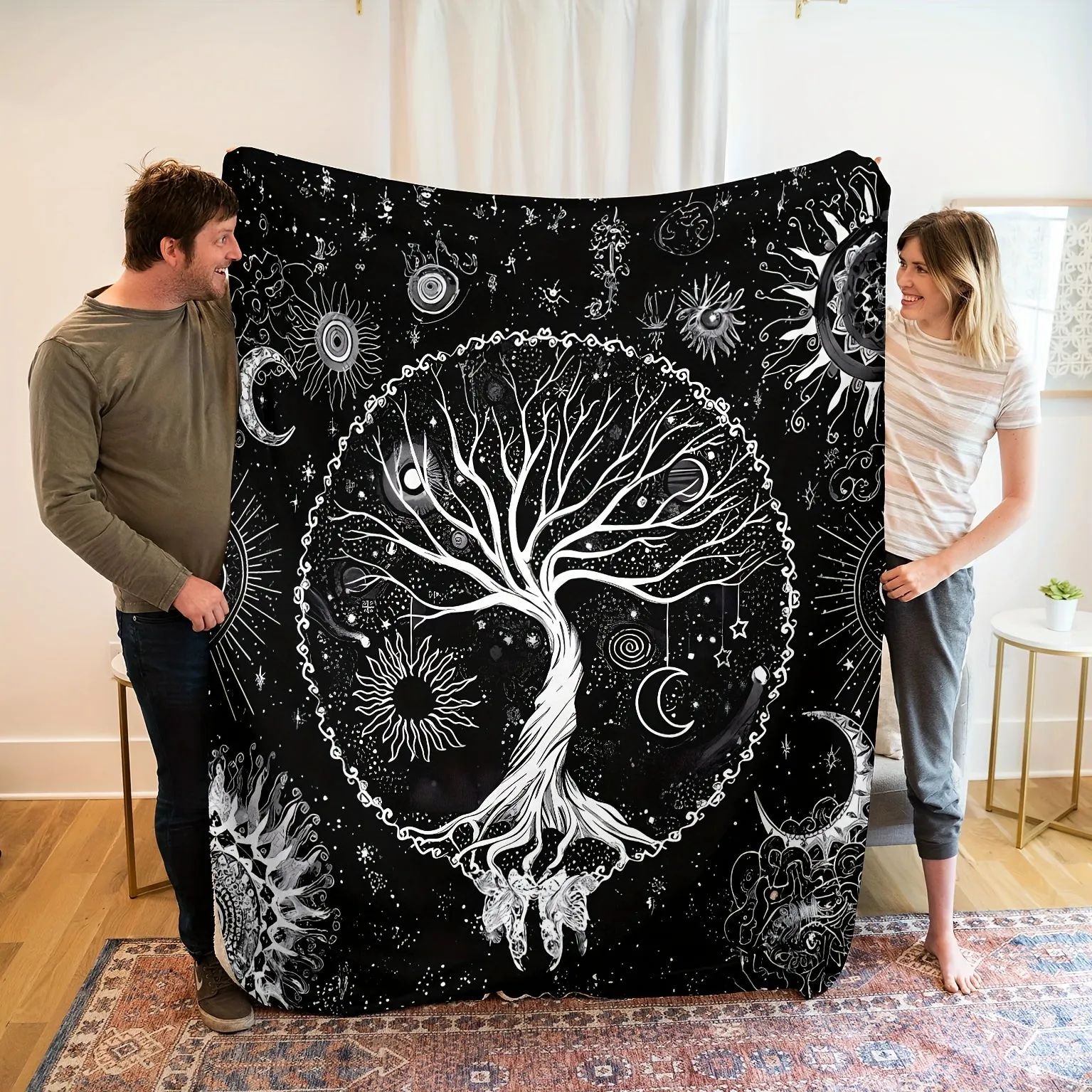 1pc Cozy Gothic Life Tree Print Flannel Blanket - Super Soft, Warm, and Lightweight Throw for Couch, Sofa, Office, Bed, Camping, and Travel - Multi-Purpose Gift for All Seasons, Perfect for Snuggling Up and Relaxation