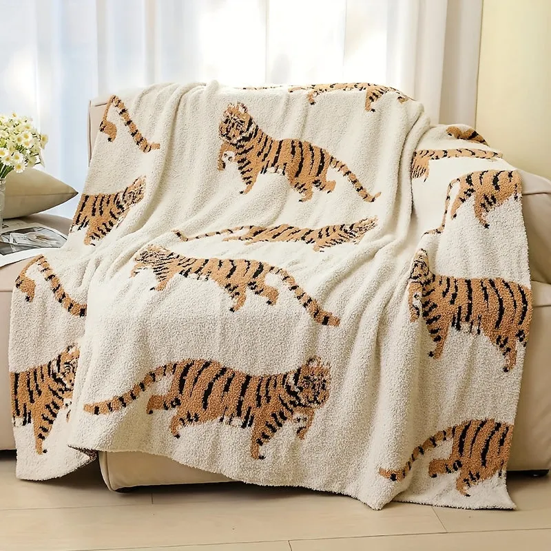 1pc Cozy Nordic Tiger Pattern Knitted Throw Blanket - Soft, Warm, and Comfortable for Sofa, Couch, Office, Bed, Camping, and Travelling - Perfect for Relaxation and Nap