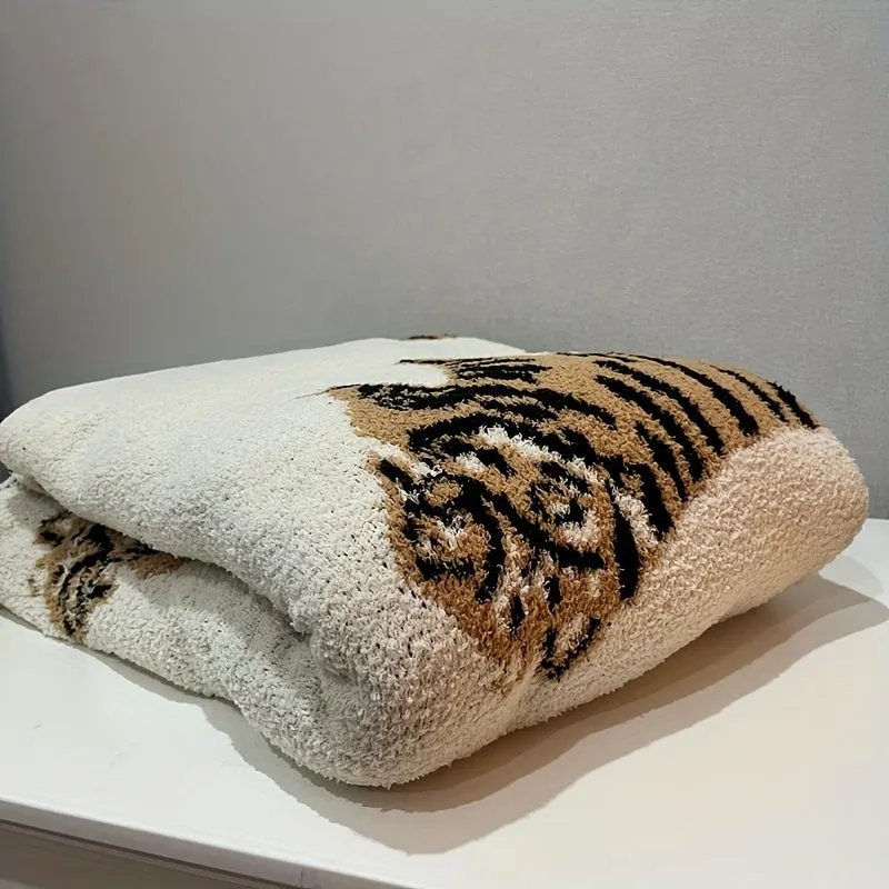 1pc Cozy Nordic Tiger Pattern Knitted Throw Blanket - Soft, Warm, and Comfortable for Sofa, Couch, Office, Bed, Camping, and Travelling - Perfect for Relaxation and Nap