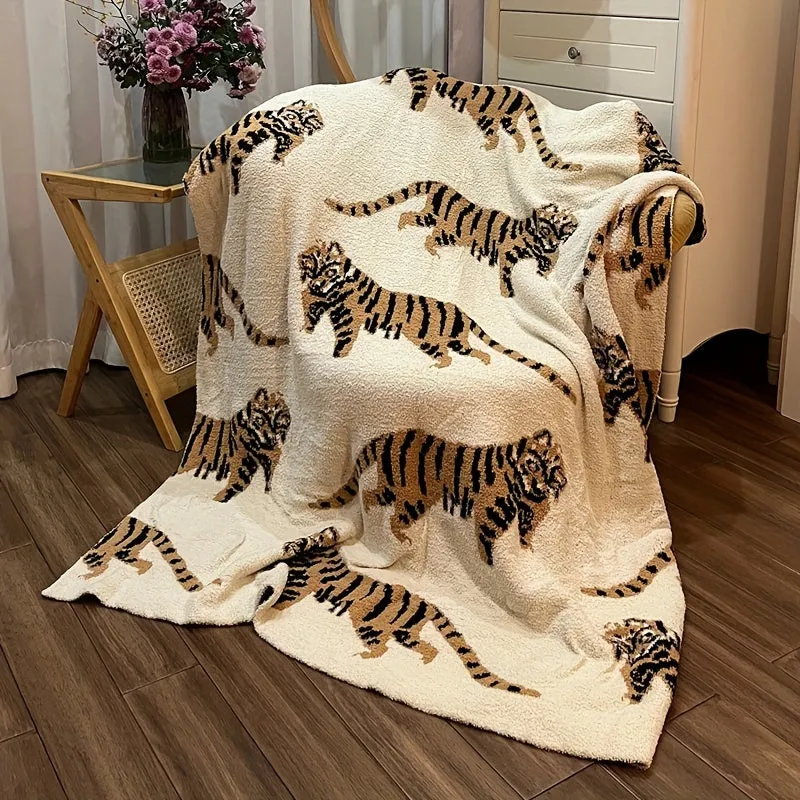 1pc Cozy Nordic Tiger Pattern Knitted Throw Blanket - Soft, Warm, and Comfortable for Sofa, Couch, Office, Bed, Camping, and Travelling - Perfect for Relaxation and Nap