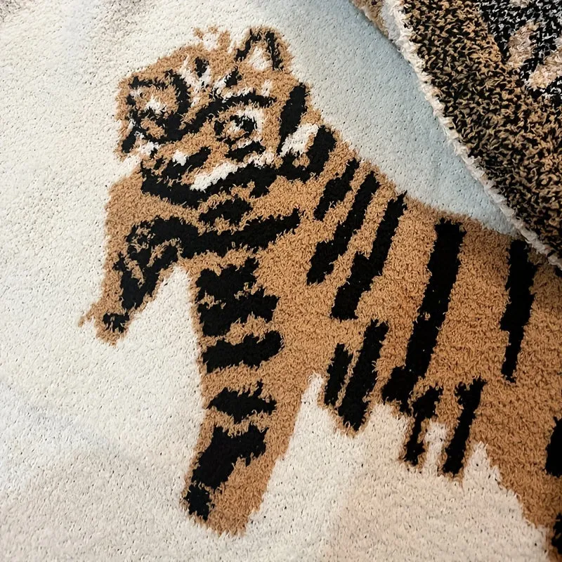 1pc Cozy Nordic Tiger Pattern Knitted Throw Blanket - Soft, Warm, and Comfortable for Sofa, Couch, Office, Bed, Camping, and Travelling - Perfect for Relaxation and Nap