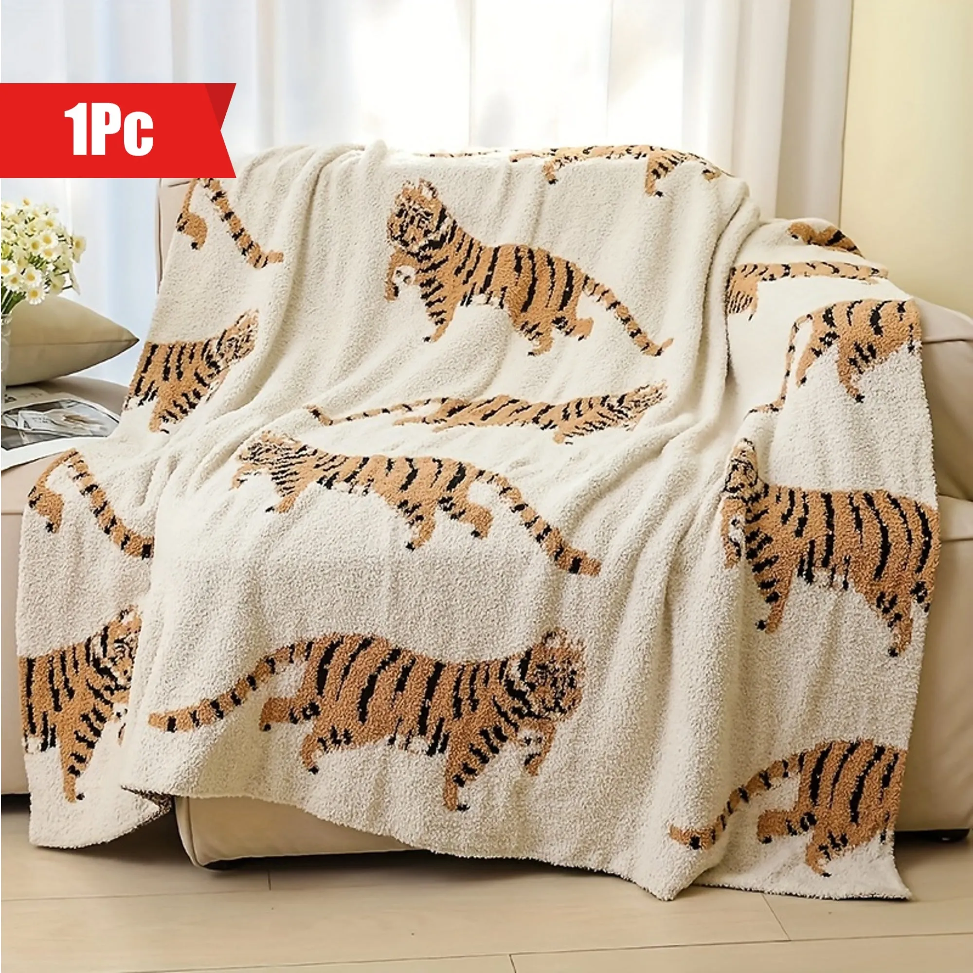 1pc Cozy Nordic Tiger Pattern Knitted Throw Blanket - Soft, Warm, and Comfortable for Sofa, Couch, Office, Bed, Camping, and Travelling - Perfect for Relaxation and Nap