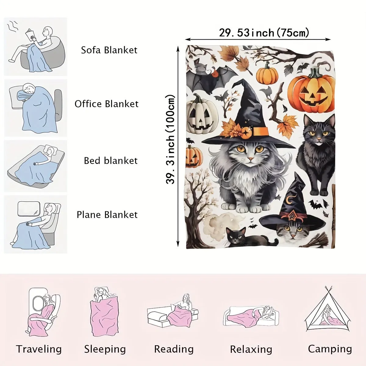 1pc Halloween Blanket, Cat Pumpkin Bat Print Flannel Blanket, Soft Warm Throw Blanket Nap Blanket For Couch Sofa Office Bed Camping Travel, Multi-purpose Gift Blanket For All Season