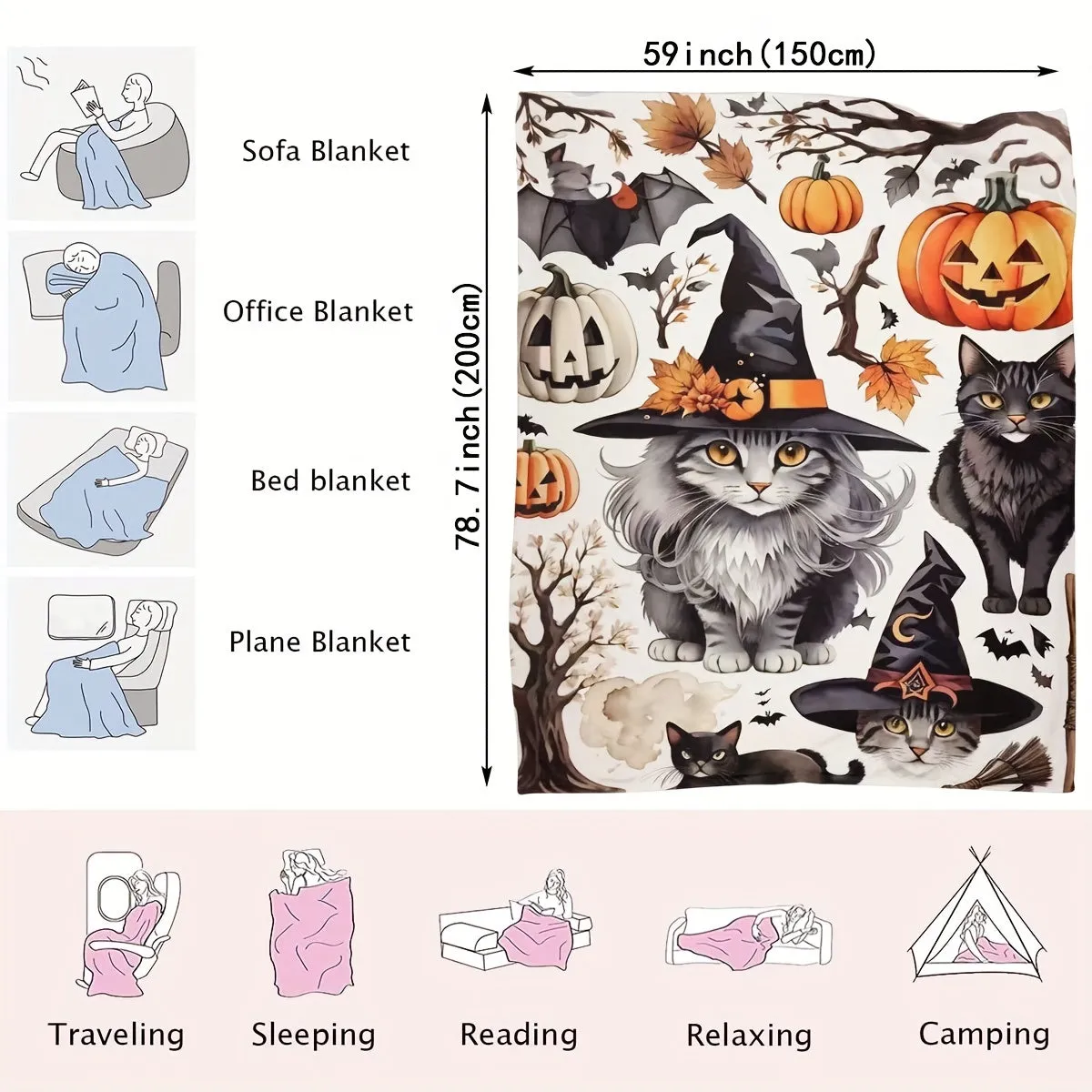 1pc Halloween Blanket, Cat Pumpkin Bat Print Flannel Blanket, Soft Warm Throw Blanket Nap Blanket For Couch Sofa Office Bed Camping Travel, Multi-purpose Gift Blanket For All Season