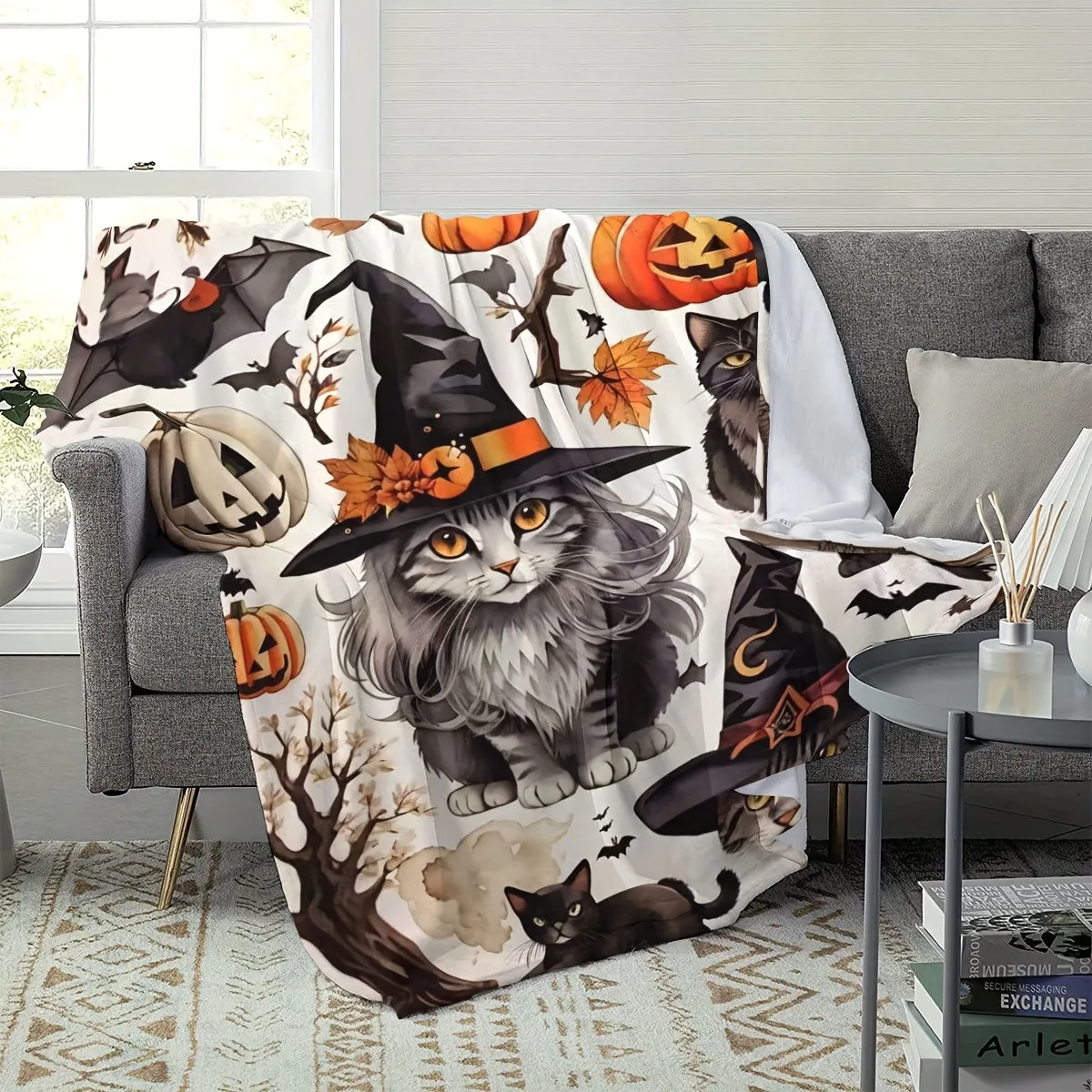 1pc Halloween Blanket, Cat Pumpkin Bat Print Flannel Blanket, Soft Warm Throw Blanket Nap Blanket For Couch Sofa Office Bed Camping Travel, Multi-purpose Gift Blanket For All Season