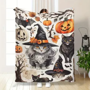 1pc Halloween Blanket, Cat Pumpkin Bat Print Flannel Blanket, Soft Warm Throw Blanket Nap Blanket For Couch Sofa Office Bed Camping Travel, Multi-purpose Gift Blanket For All Season