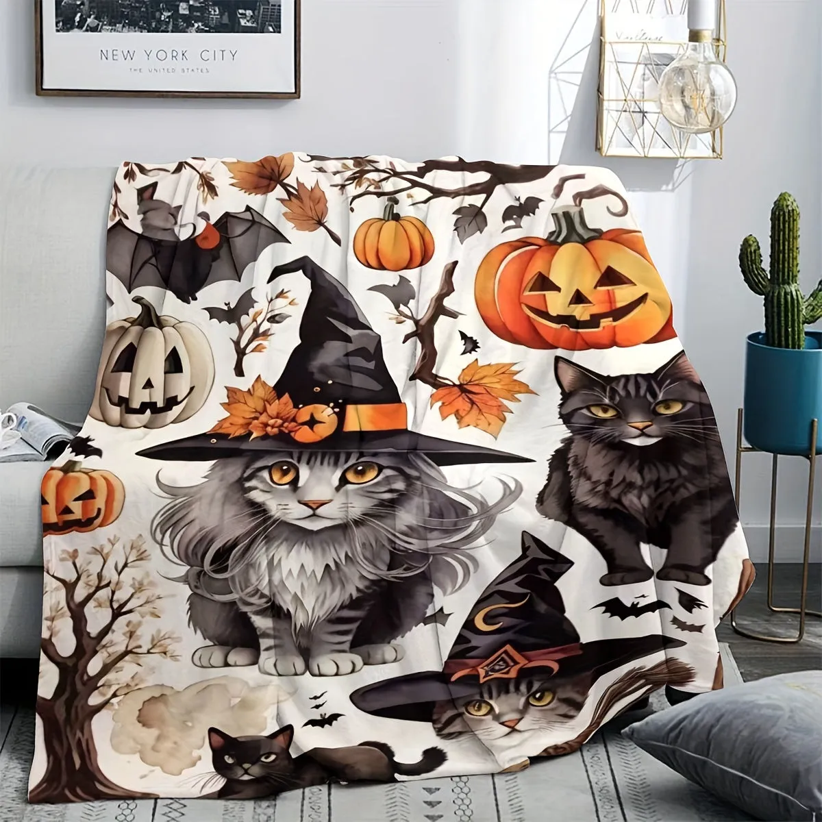 1pc Halloween Blanket, Cat Pumpkin Bat Print Flannel Blanket, Soft Warm Throw Blanket Nap Blanket For Couch Sofa Office Bed Camping Travel, Multi-purpose Gift Blanket For All Season