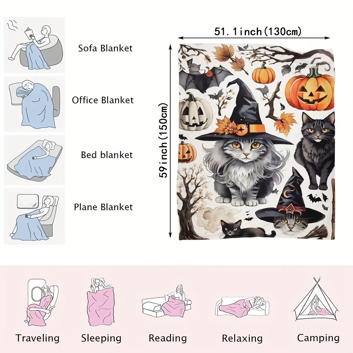 1pc Halloween Blanket, Cat Pumpkin Bat Print Flannel Blanket, Soft Warm Throw Blanket Nap Blanket For Couch Sofa Office Bed Camping Travel, Multi-purpose Gift Blanket For All Season