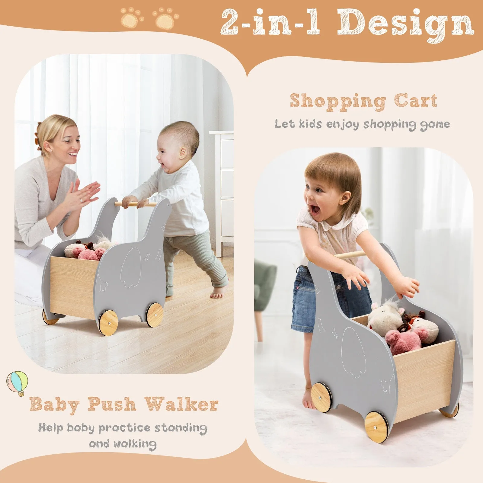 2-in-1 Wooden Baby Walker with Storage Chest and 4 Wheels-Grey