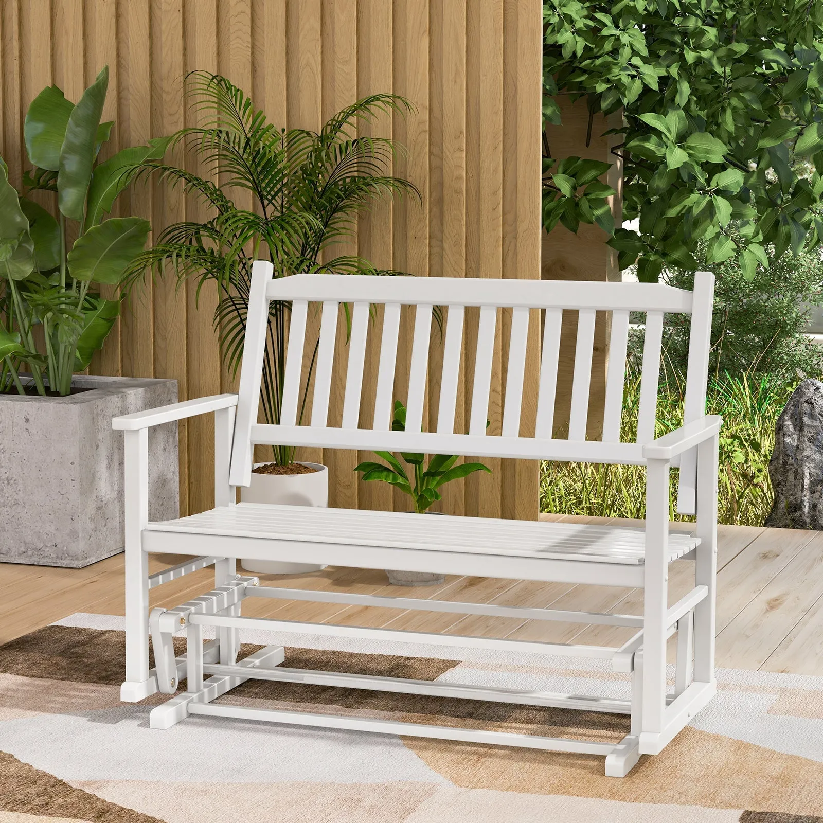 2 Seats Outdoor Glider Bench with Armrests and Slatted Seat-White