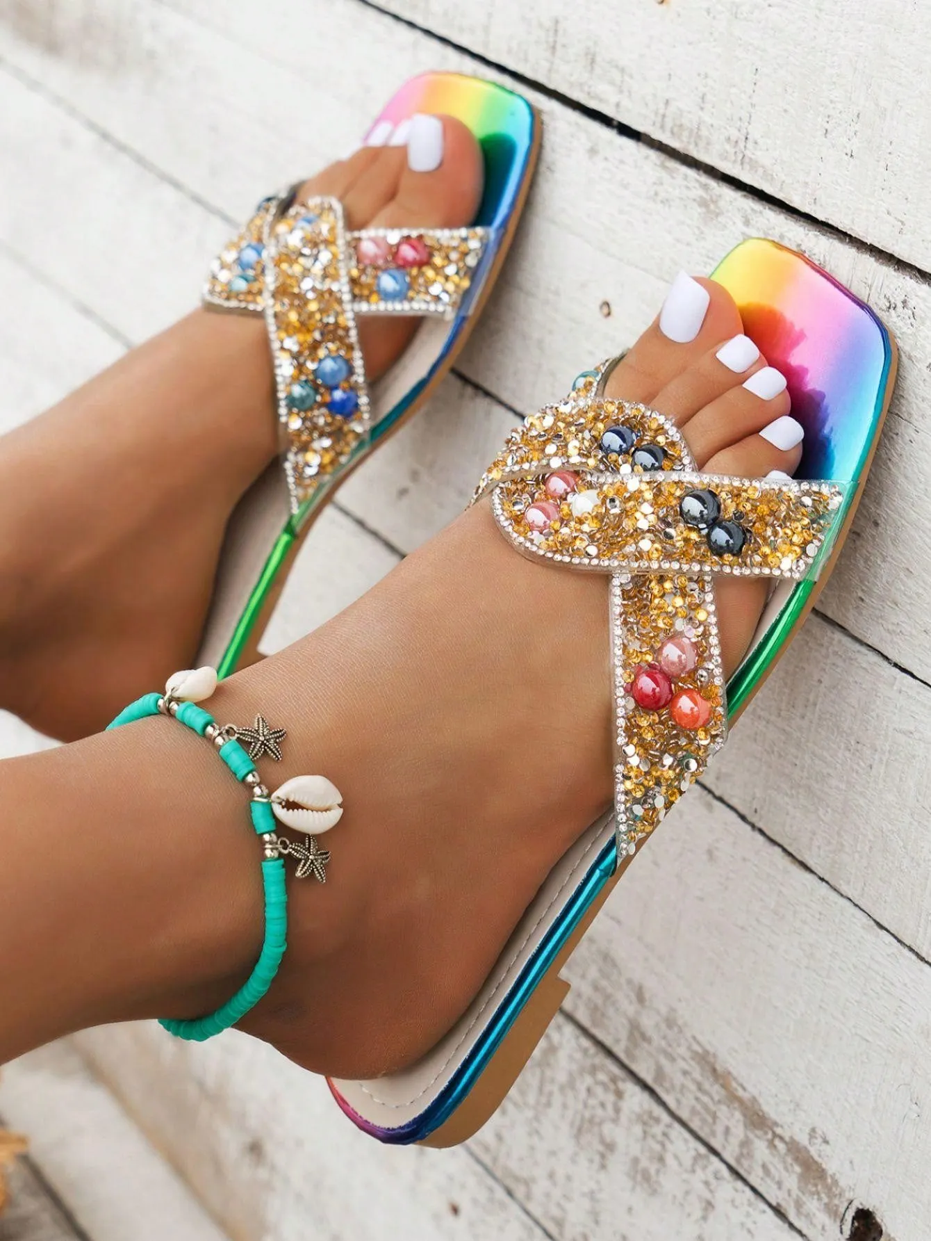 2024 Summer Vibes: Colorful Rhinestone Beach Slippers