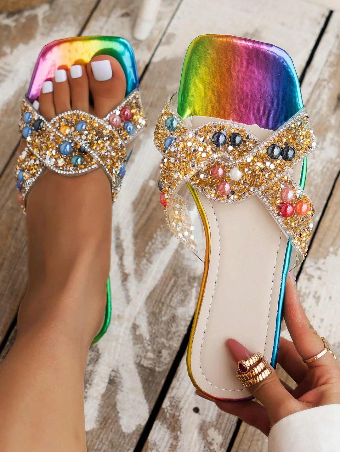 2024 Summer Vibes: Colorful Rhinestone Beach Slippers