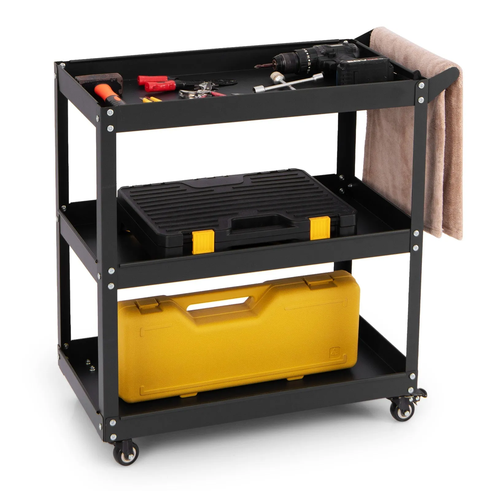 3-Tier Rolling Tool Cart with 4 Universal Wheels with 2 Brakes-Black