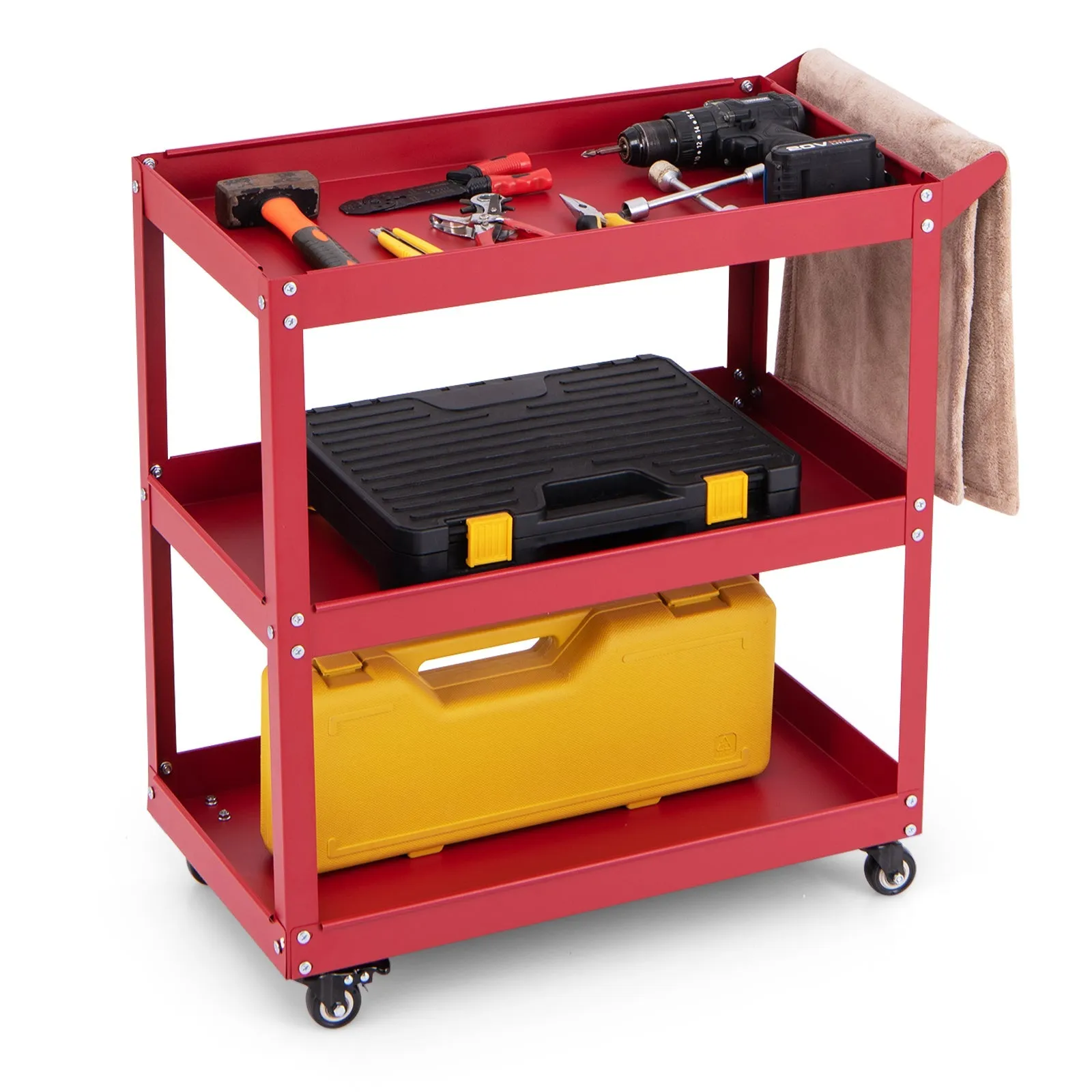 3-Tier Rolling Tool Cart with 4 Universal Wheels with 2 Brakes-Red