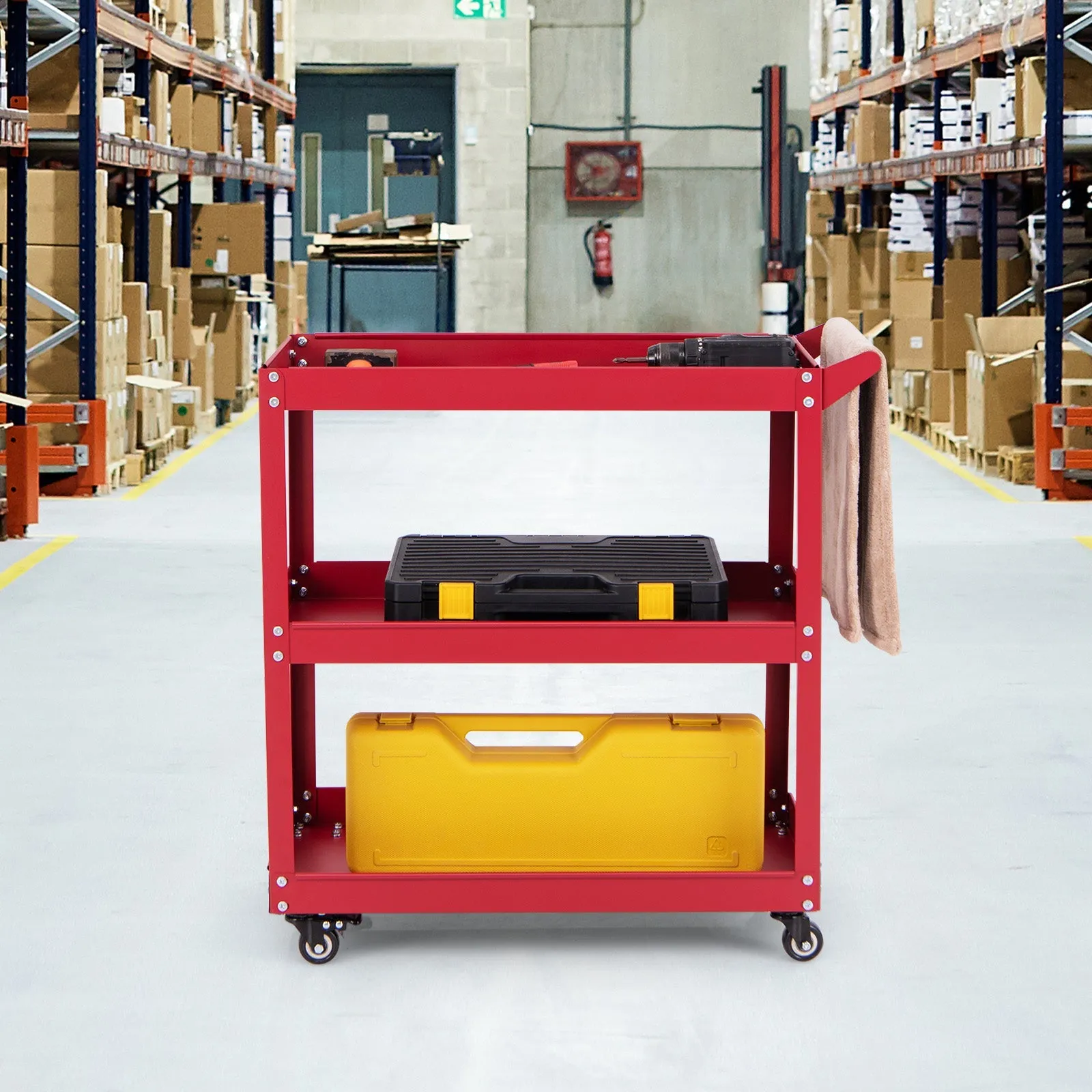 3-Tier Rolling Tool Cart with 4 Universal Wheels with 2 Brakes-Red