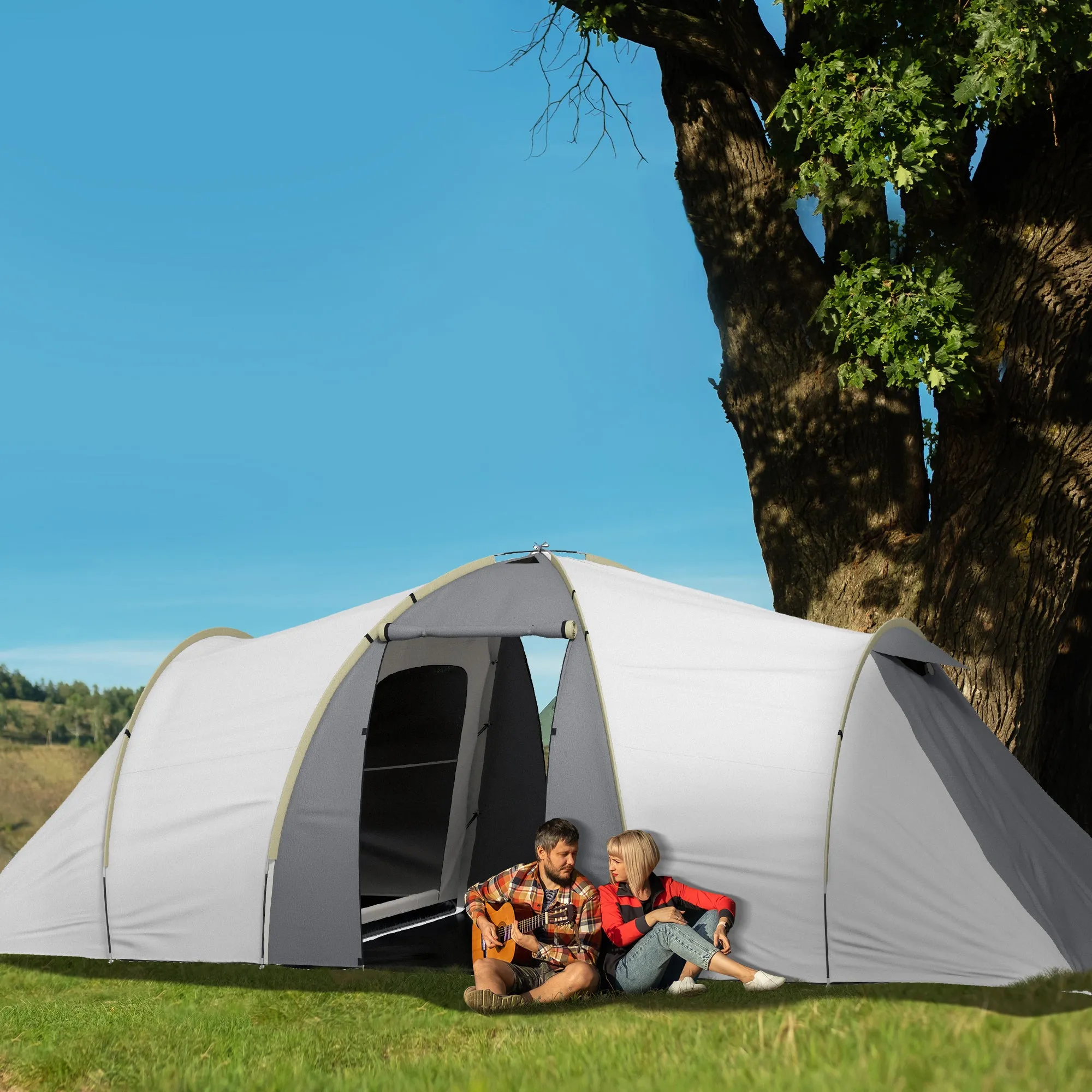 4-6 Man Tunnel Tent Camping Tent with 2 Bedroom, Vestibule, Bag, 2000mm Waterproof, UV50  for Fishing, Hiking, Festival