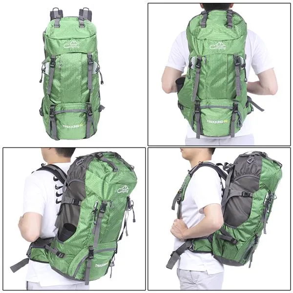 60L Waterproof Backpack Camping Bag with Rain Cover Blue Green