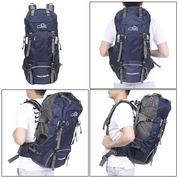 60L Waterproof Backpack Camping Bag with Rain Cover Blue Green