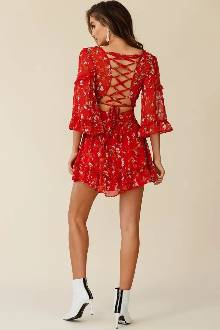 Albany Bell Sleeve Frill Dress Floral Print Red