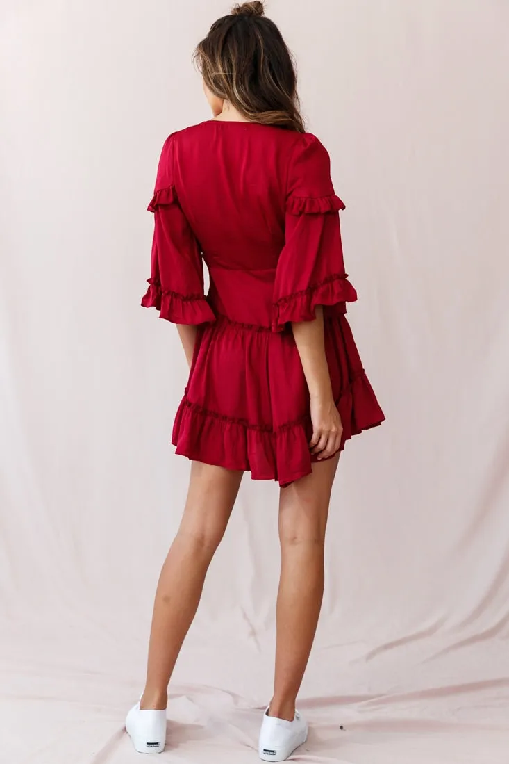 Albany Bell Sleeve Frill Dress Wine