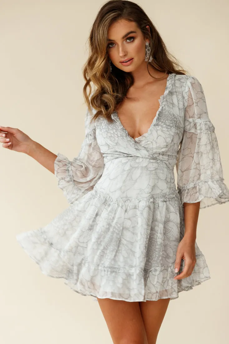 Albany Lace Up Back Frill Dress Chrysanthemum Print Grey