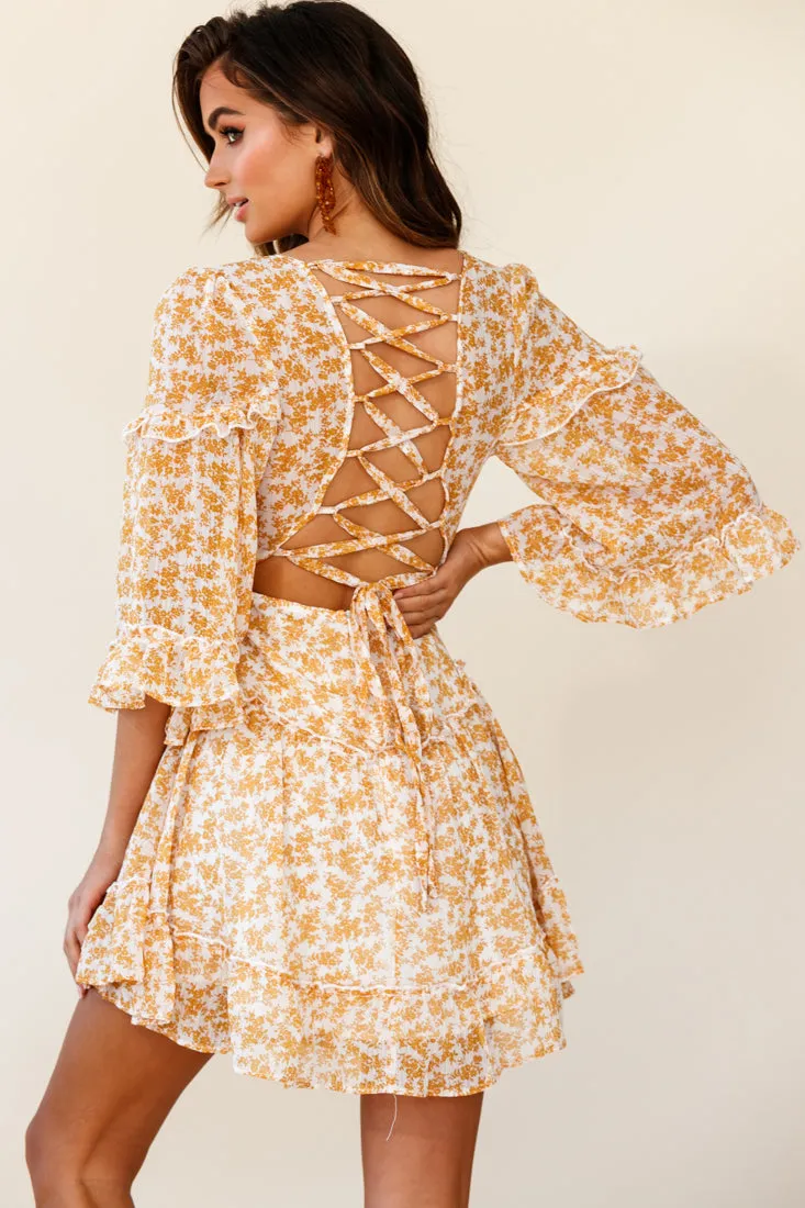 Albany Lace Up Back Frill Dress Floral Print Mustard