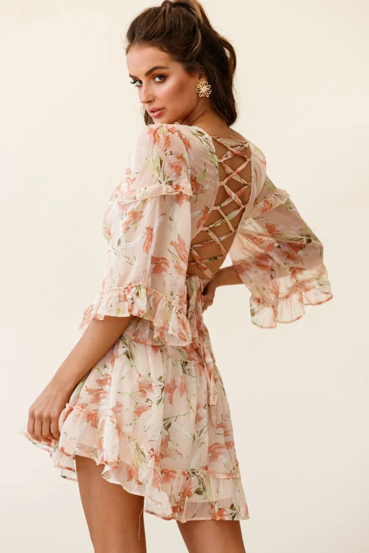 Albany Lace Up Back Frill Dress Lily Print Nude