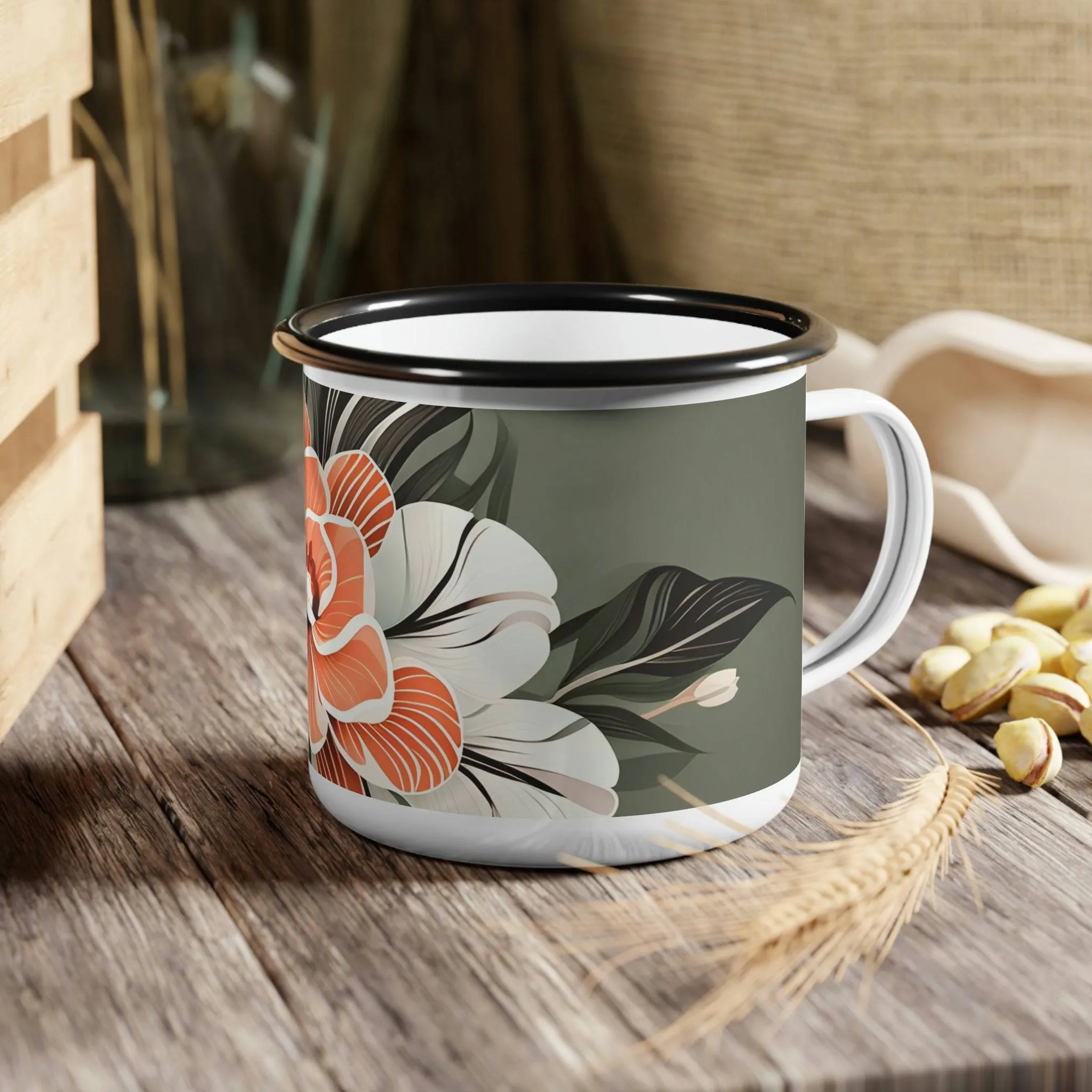 Art Deco Flower, Enamel Camping Mug for Coffee, Tea, Cocoa, or Cereal - 12oz