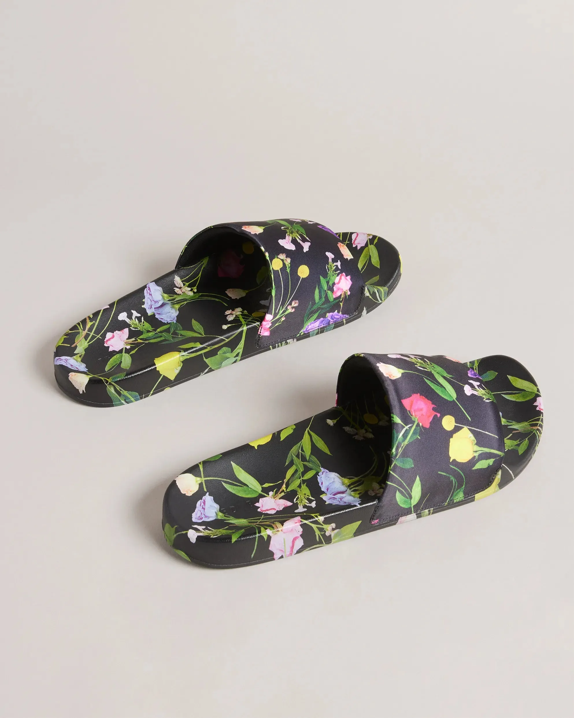 Azzi Floral Printed Satin Sliders - Black