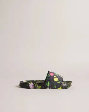 Azzi Floral Printed Satin Sliders - Black