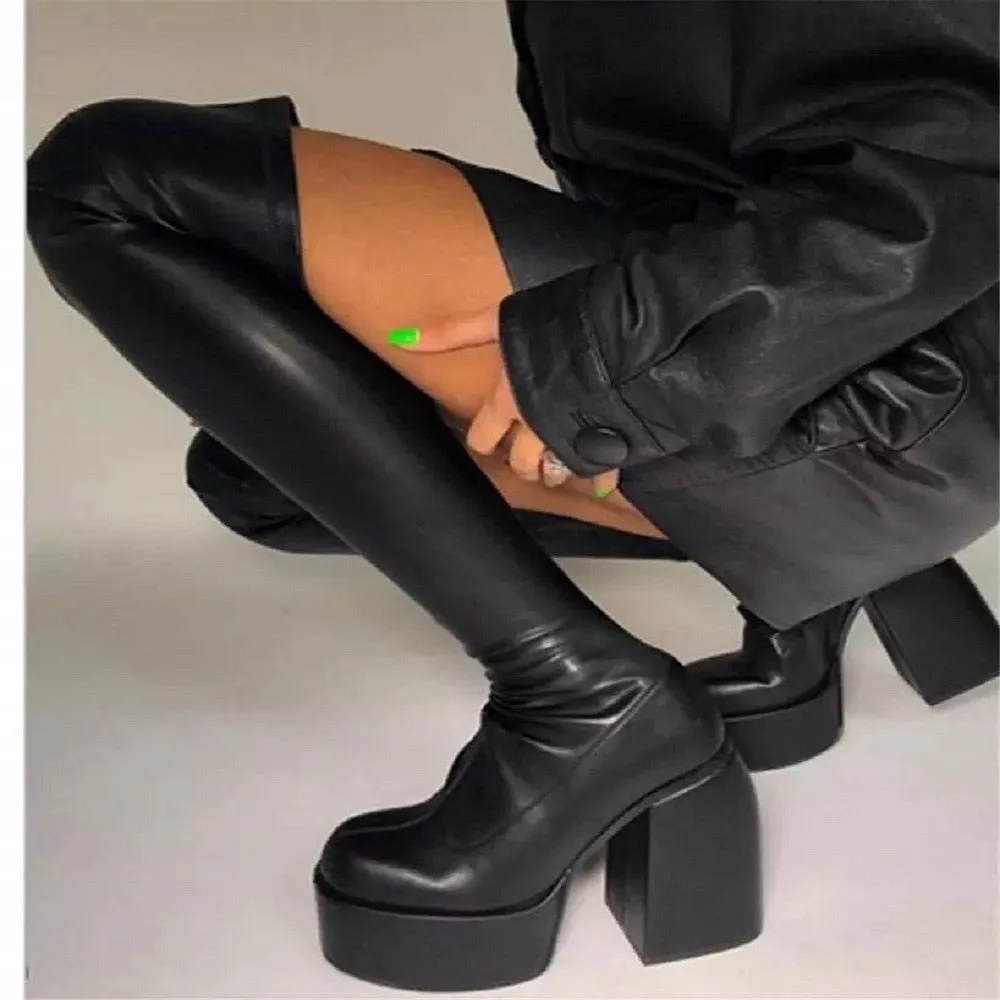 Back to school outfit Amozae  Women Boots High Heels Chunky Platform Black Big Size 43 Winter Boots Knee High Boot Zipper Matrin Boot Party Shoes