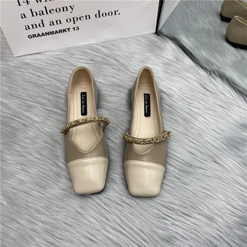 Bailamos Women Flats Square Toe Flats Shoes Women Luxury Metal Chain Ballet Flat Shallow Ballerina Slip On Brand Loafer Shoes