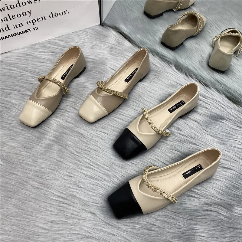 Bailamos Women Flats Square Toe Flats Shoes Women Luxury Metal Chain Ballet Flat Shallow Ballerina Slip On Brand Loafer Shoes