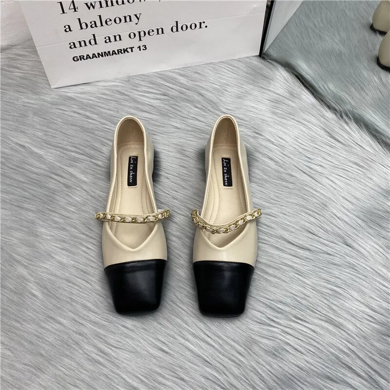 Bailamos Women Flats Square Toe Flats Shoes Women Luxury Metal Chain Ballet Flat Shallow Ballerina Slip On Brand Loafer Shoes