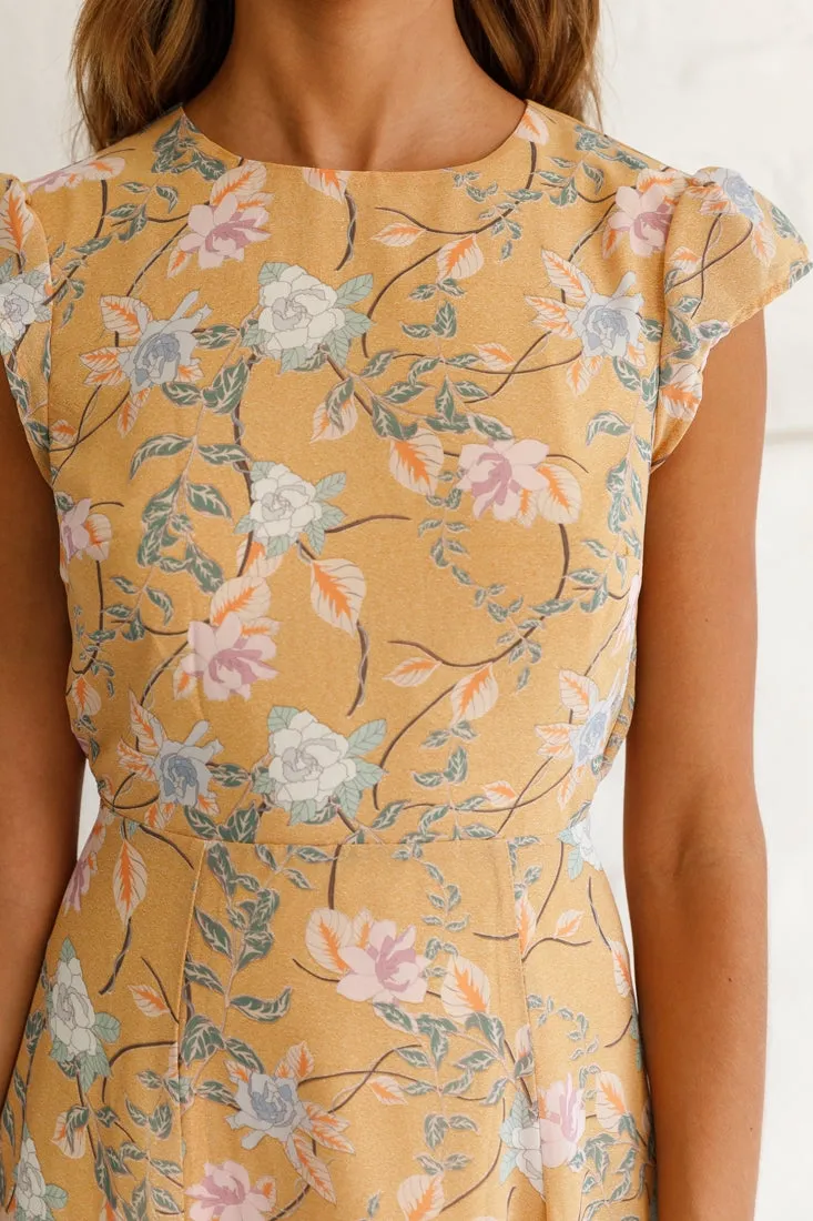 Becky Cap Sleeve Crew Neck Midi Dress Floral Print Mustard