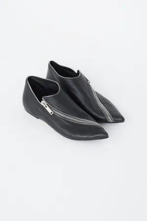 Black Leather Asymmetrical Zip Flat