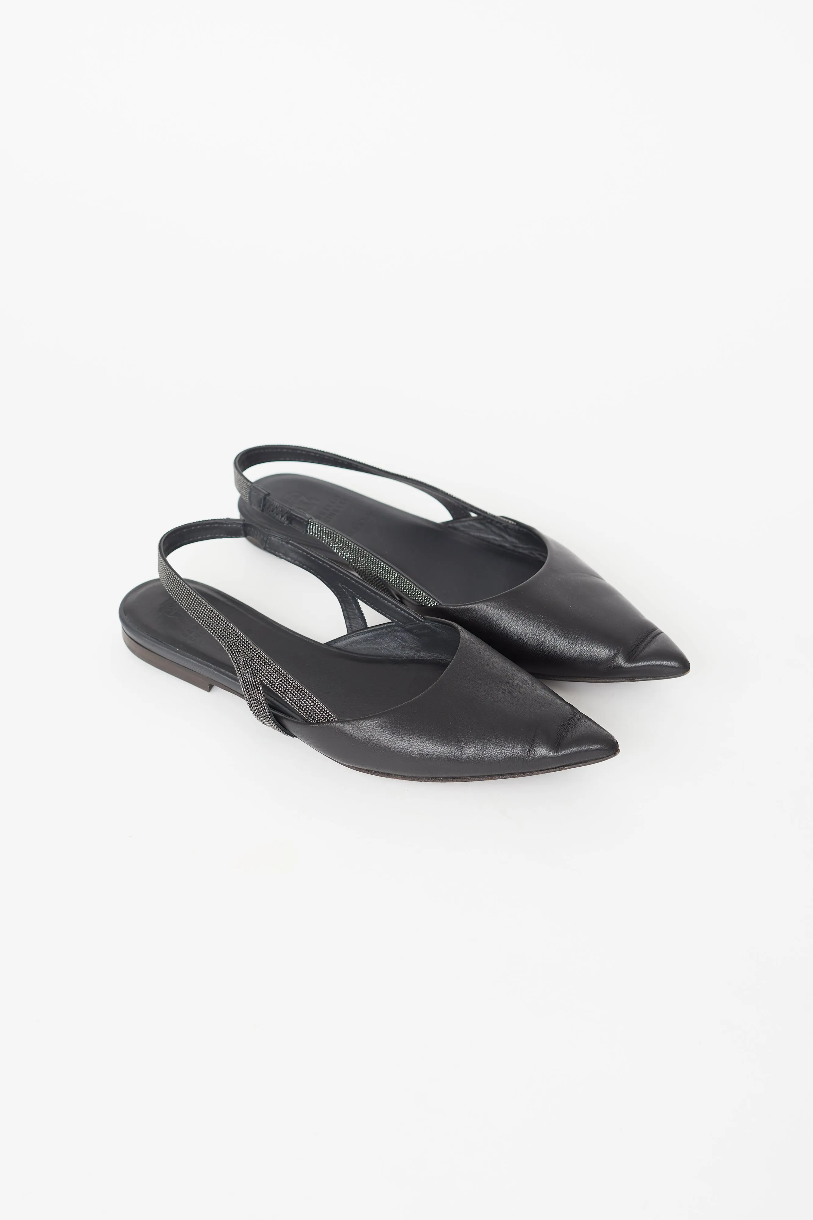 Black Leather Monili Bead Slingback Flat