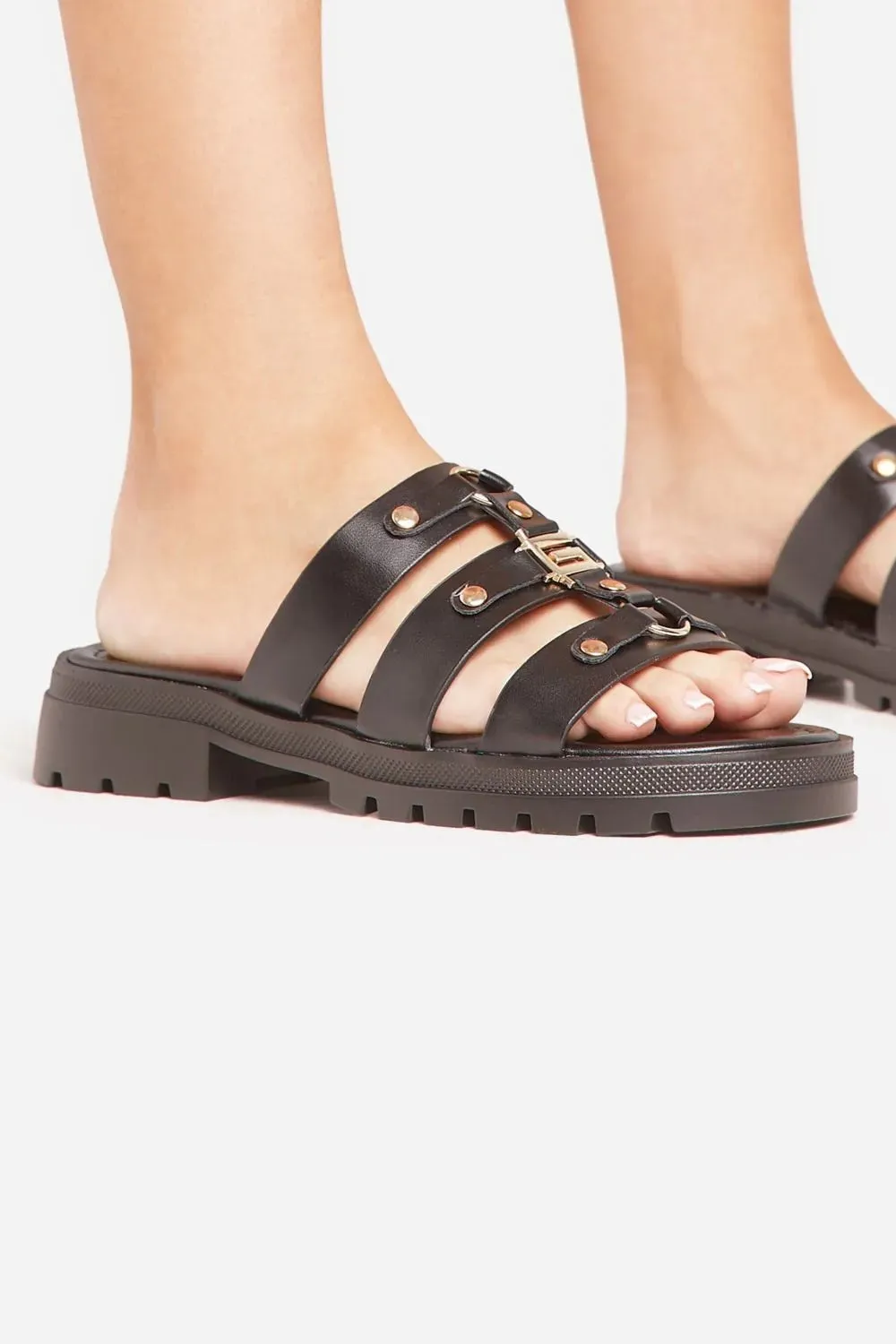 BLACK MULTI STRAP STUD DETAIL CHUNKY FLAT SLIDER SANDAL