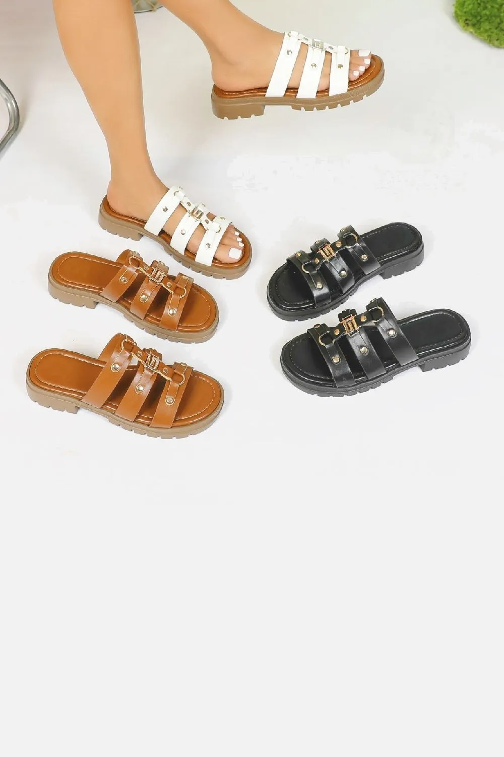 BLACK MULTI STRAP STUD DETAIL CHUNKY FLAT SLIDER SANDAL