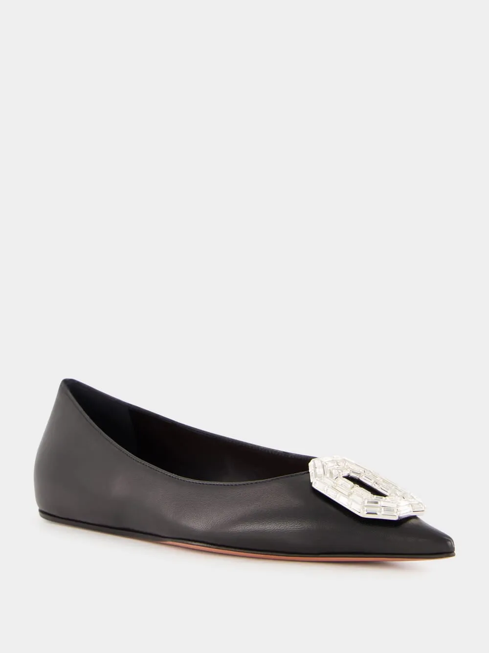 Black Nappa Camelia Flat with White Buckle