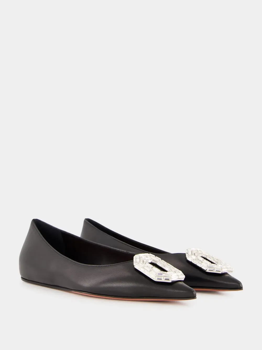 Black Nappa Camelia Flat with White Buckle