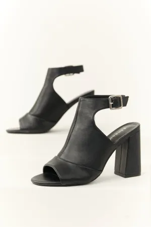 Black Open Toe Strap Chunky Heels