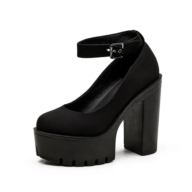 Black Platform Belt Buckle Chunky High Heels