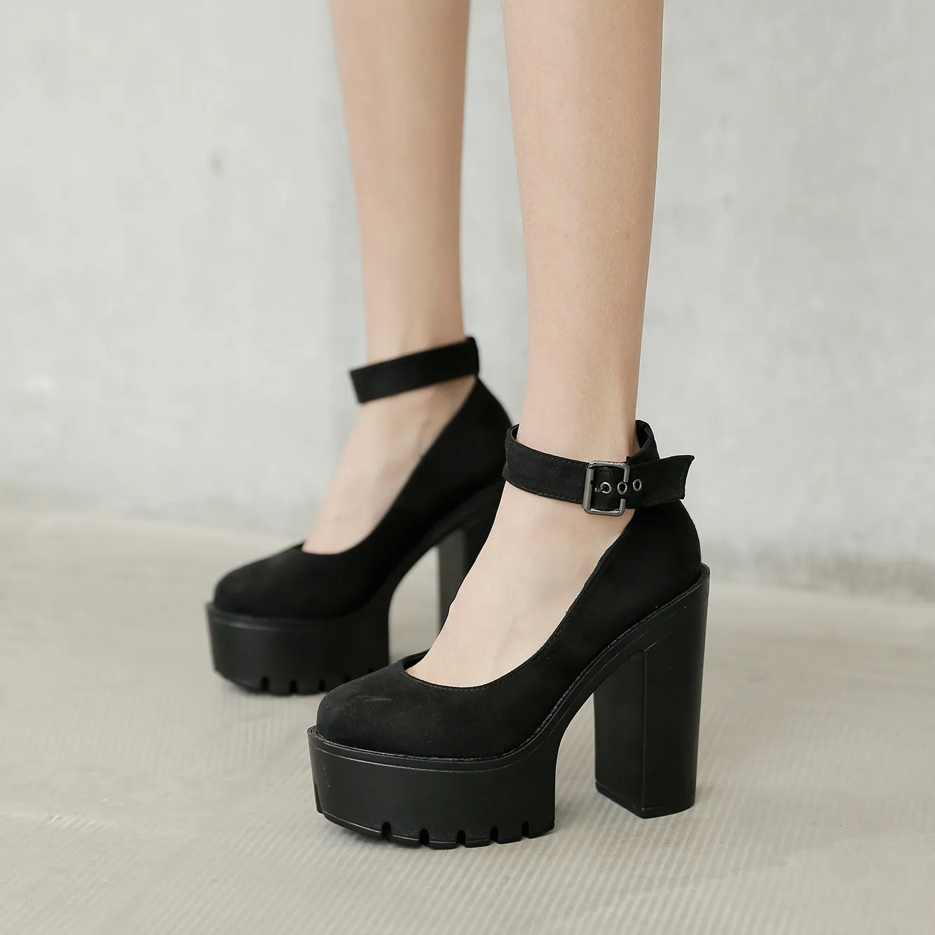 Black Platform Belt Buckle Chunky High Heels