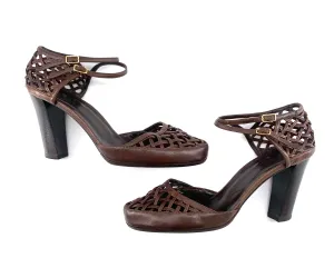 Bottega Veneta Brown Leather Woven Block Heels Sandals, New