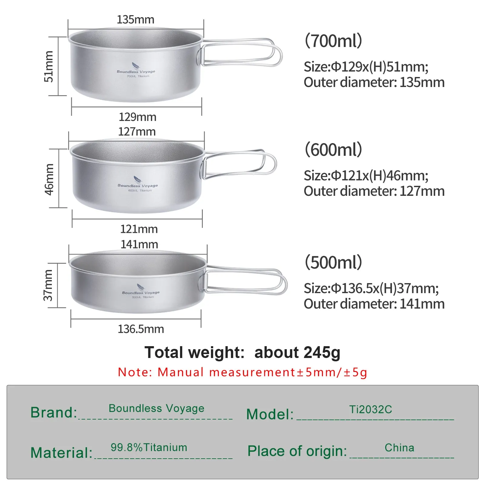 Boundless Voyage Titanium Pot Pan Set with  Collapsible Folding Handle Ultralight Tableware Outdoor Dinnerware Set 3pcs