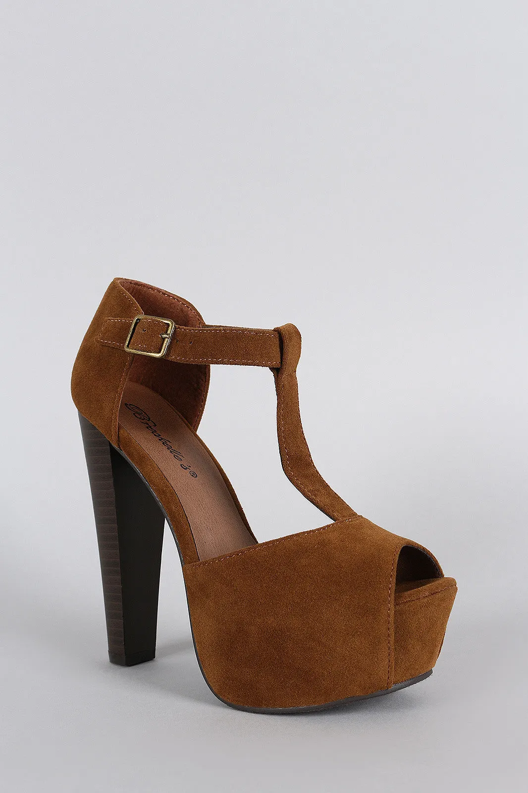 Breckelle T-Strap Suede Peep Toe Platform Chunky Heel