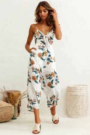 Call Me Wide-Leg Tied Bust Jumpsuit Floral Print White